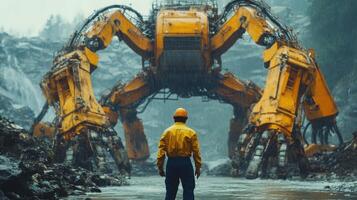 A man standing in front of a large robot photo