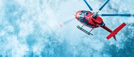 A red helicopter flying over a body of water photo