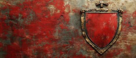 A red shield on a wall with a red background photo