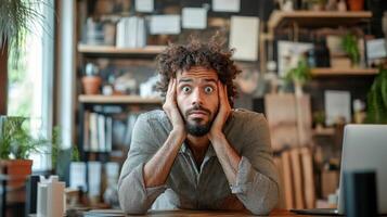 A man sitting at a desk with his hands on his head photo