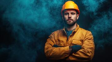 A man in an orange hard hat and yellow jacket standing in front of smoke photo