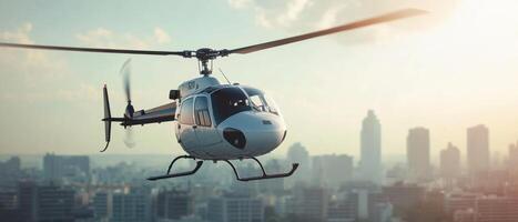 Helicopter flying over city skyline with city in background photo