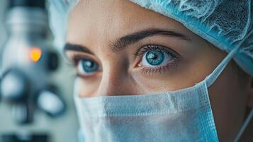 A woman in a surgical mask and cap looking at the camera photo