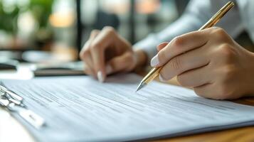 A woman signing a contract with a pen on a desk photo