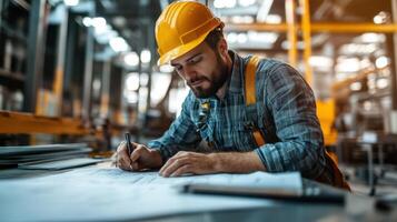 A man in a hard hat is writing on paper photo