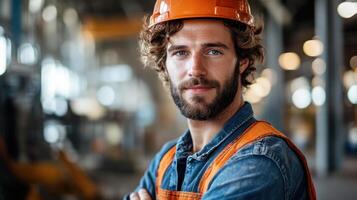 Portrait of a young man in an orange hard hat standing in front of a warehouse photo