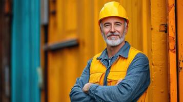 Portrait of a smiling man in hard hat standing in front of a container photo