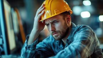 A man in a hard hat sitting at a desk photo