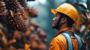 A man in an orange hard hat looking at a bunch of oil palm trees photo