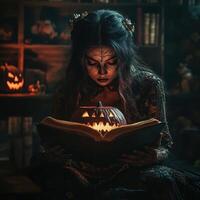 A woman with makeup reading a book with a pumpkin face photo