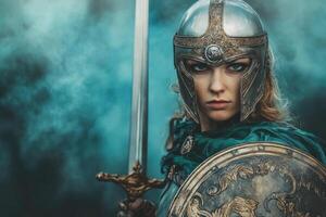 A woman in armor holding a sword photo