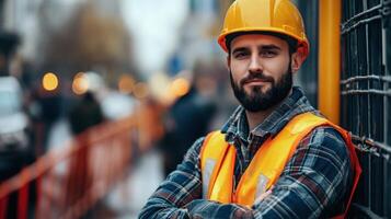 A man in a hard hat and safety vest standing in front of a fence photo