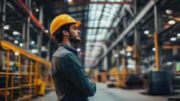 A man in a hard hat standing in a factory photo