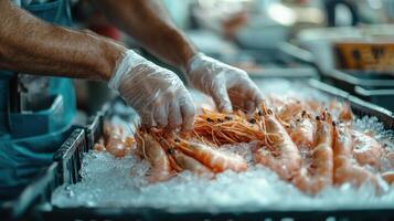 A person in gloves is holding shrimp in a container photo