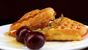 Viennese waffles with cherries lie on a white plate. Viennese waffles drizzled with honey in the shape of a heart. photo