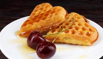 Viennese waffles with cherries lie on a white plate. Viennese waffles drizzled with honey in the shape of a heart. photo