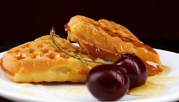 Viennese waffles with cherries lie on a white plate. Viennese waffles drizzled with honey in the shape of a heart. photo