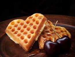 Heart-shaped Viennese waffles drizzled with honey lie on a clay plate. Viennese waffles with cherries. photo
