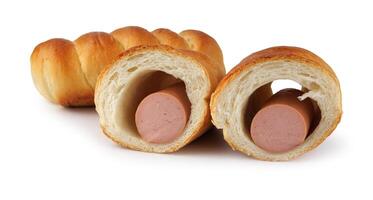 Whole and halved sausages in dough isolated on a white background. photo