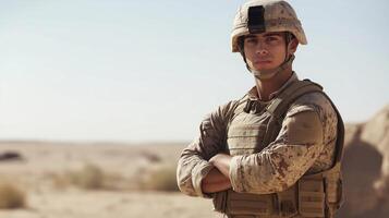 Confident Modern Soldier in Desert Terrain, Wearing Military Uniform and Helmet, Emphasizing Strength and Determination photo
