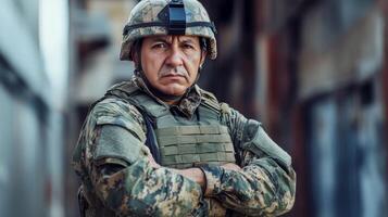 Courageous Male Soldier in Full Military Gear Standing with Arms Crossed for Defense and Security Concept photo