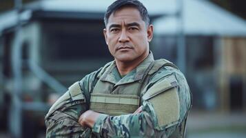 Strong Pacific Islander Soldier in Military Gear Standing Outdoors, Determined Confident Look, Military Base Background, Defense and Service Concept photo