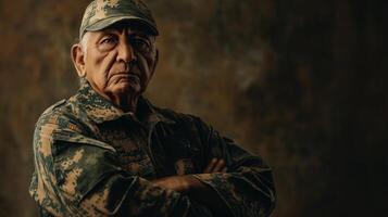 Elderly Veteran with Determined Expression in Military Uniform Against Rustic Background photo