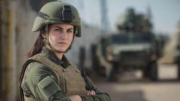 Israeli Female Soldier in Mid40s Wearing Combat Gear Standing Confidently with Armored Vehicle in Background Military Strength and Confidence photo