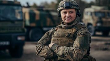 Confident MiddleAged Male Soldier in Camouflage Stands Firmly in Front of Military Vehicles photo
