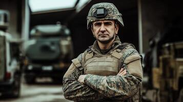 Middle Aged Eastern European Male Soldier in Military Uniform Standing with Arms Crossed in Front of Military Vehicles photo