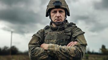 Polish MiddleAged Soldier in Military Uniform Standing with Arms Crossed During Overcast Day, Suitable for Defense and Security Themes photo