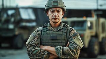 Confident Southeast Asian Soldier in Full Military Gear Standing with Arms Crossed in Front of Armored Vehicles photo