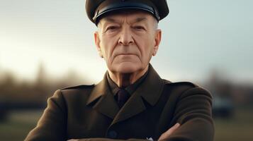 Veteran Soldier in Uniform Commanding Respect Outdoors with Determined Expression photo