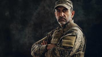 Confident MiddleAged Male Soldier in Military Uniform Posing Against Dark Background for Print and Poster Design photo