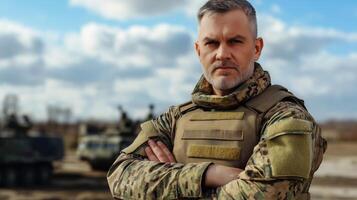 Middle Aged Western European Soldier Standing in Camouflage Uniform on a Cloudy Day with Military Vehicles in Background photo
