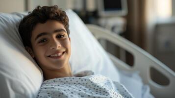 Middle Eastern Teenage Boy Recuperating in Hospital Double Bed, Smiling Serenely, Capturing Hope and Resilience in Medical Setting photo