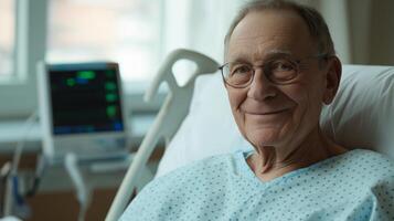 Elderly Man in Hospital Bed, Smiling Patient in Medical Gown, Healthcare Setting with Monitoring Equipment photo