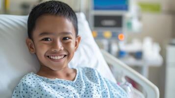 Young Indonesian Boy Lying in Hospital Bed Smiling, Reflecting Resilience and Hope, Perfect for Healthcare and Diversity Themed Designs photo