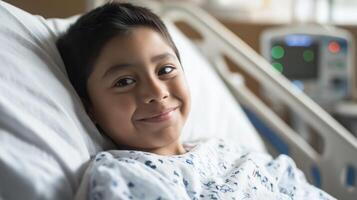 Smiling Young Boy of Native American Descent in Hospital Bed, Representing Recovery and Healing photo