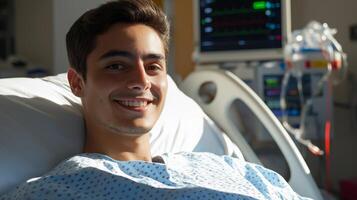 Young Patient in Hospital Bed Smiling, Medical Setting, Health Monitoring Equipment, Diverse Healthcare Diversity photo