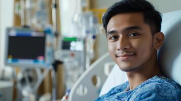 Young Indonesian Man Resting in a Hospital Bed, Showing Resilience and Recovery, Healthcare Environment photo