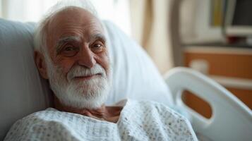 Elderly Southern European Man Resting in Hospital Bed, Relaxed and Content Expression, Healthcare Stock Photo for Medical Use