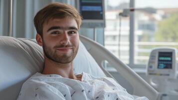 Smiling Young Man Relaxing in Hospital Bed, Medical Patient Recovery, Healthcare Setting photo