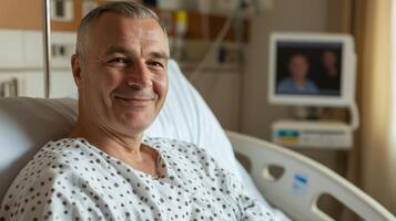 Middleaged Eastern European Man Relaxing in Hospital Bed, Healthcare Concept, Medical Environment, Patient in Hospital Gown Smiling photo