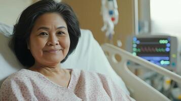 Southeast Asian Woman Relaxing in Hospital Bed, Medical Care, Healthcare Setting, Patient, Middle Age, Recovery photo
