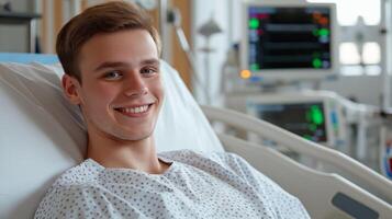 Young German Man in Hospital Bed Smiling, Monitors in Background, Medical Environment, Healthcare Setting photo