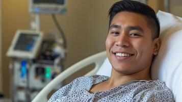 Native American Man in Hospital Bed Smiling, Healthcare and Recovery Theme, Ideal for HealthRelated Content photo