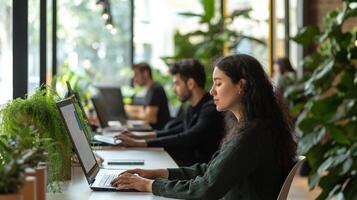 Diverse Team Working in a Modern Coworking Space Surrounded by Plants, Ideal for Business and Office Design photo