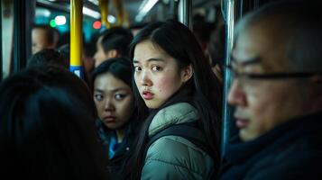 Crowded Public Bus During Rush Hour with Diverse Group of Passengers, Urban Commute Scene, Travel, and Human Interaction photo