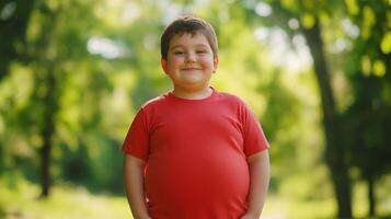 Happy Young Boy in Red TShirt Posing Outdoors in Sunlit Park Setting, Embracing Nature and Summer Vibes photo